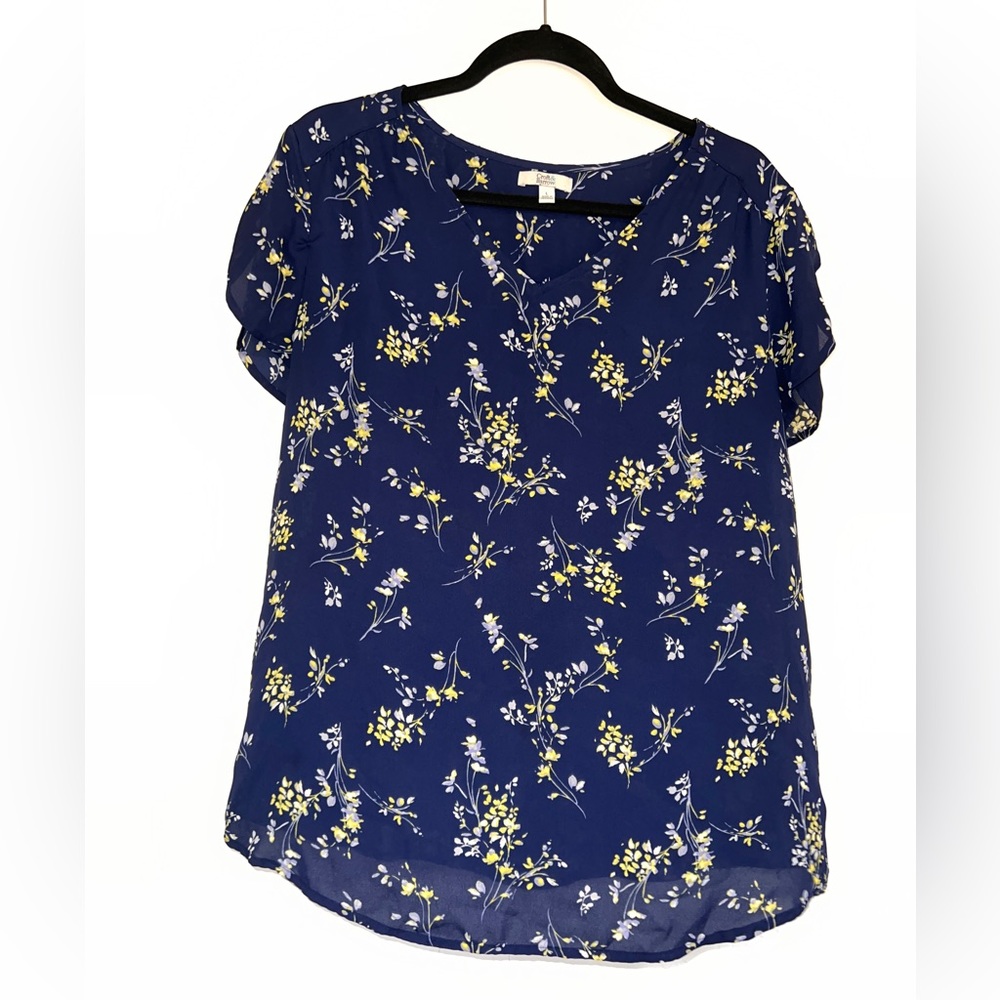 Royal Blue Floral Cap Sleeve Rolled Tab Fit and Relax Blouse L